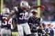FOXBORO, MA - SEPTEMBER 07: Brandon Bolden #38 of the New England Patriots celebrates with Mike Gillislee #35 after Gillislee scored a third quarter touchdown against the Kansas City Chiefs at Gillette Stadium on September 7, 2017 in Foxboro, Massachuset
