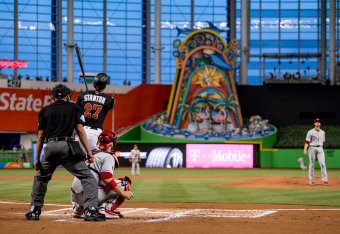 MIAMI, FL - SEPTEMBER 02: Giancarlo Stanton #27 of the Miami Marlins hits a home run during the first inning of the game against the Philadelphia Phillies at Marlins Park on September 2, 2017 in Miami, Florida. (Photo by Rob Foldy/Miami Marlins via Getty 