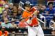 MIAMI, FL - SEPTEMBER 3: Giancarlo Stanton #27 of the Miami Marlins swings and strikes out in the first inning against the Philadelphia Phillies at Marlins Park on September 3, 2017 in Miami, Florida. (Photo by Joe Skipper/Getty Images)