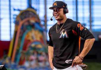 MIAMI, FL - SEPTEMBER 04: Giancarlo Stanton #27 of the Miami Marlins during an interview before the game against the Washington Nationals at Marlins Park on September 4, 2017 in Miami, Florida. (Photo by Rob Foldy/Miami Marlins via Getty Images)