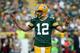 GREEN BAY, WI - SEPTEMBER 10: Aaron Rodgers #12 of the Green Bay Packers attempts to quiet the crowd in the fourth quarter against the Seattle Seahawks at Lambeau Field on September 10, 2017 in Green Bay, Wisconsin. (Photo by Dylan Buell/Getty Images)