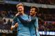Manchester City's Belgian midfielder Kevin De Bruyne (L) celebrates scoring their second goal with Manchester City's Spanish midfielder David Silva (R) during the English Premier League football match between Manchester City and West Bromwich Albion at th