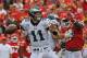 KANSAS CITY, MO - SEPTEMBER 17: Quarterback Carson Wentz #11 of the Philadelphia Eagles throws a pass against of the Kansas City Chiefs during the second half on September 17, 2017 at Arrowhead Stadium in Kansas City, Missouri. (Photo by Peter G. Aiken/