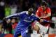 MOSCOW, RUSSIA - MAY 21: Claude Makelele (L) of Chelsea fights for the ball with Carlos Tevez of Manchester United during the Champions League Final match between Chelsea and Manchester United at the Luzhniki Stadium on May 21, 2008 in Moscow, Russia. (