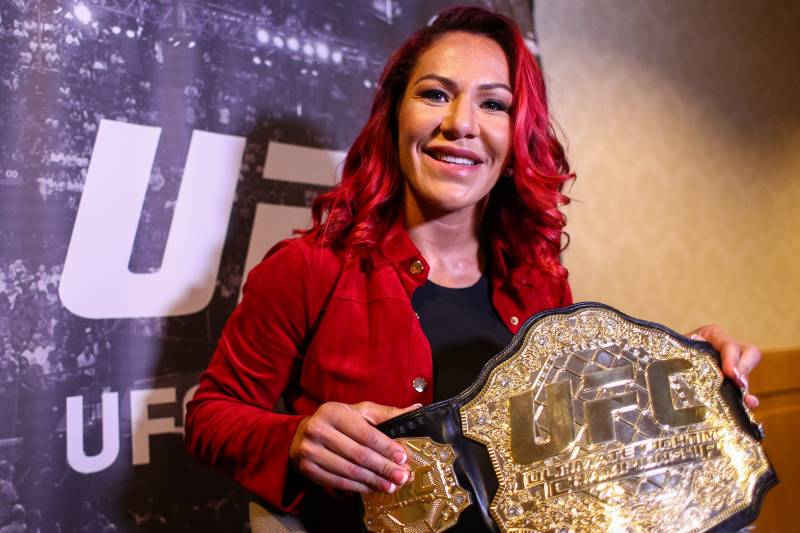 RIO DE JANEIRO, BRAZIL - AUGUST 15: UFC Featherweight Champion Cris Cyborg attends a press conference at the Hilton Hotel in Copacabana on August 15, 2017 in Rio de Janeiro, Brazil. (Photo by Buda Mendes/Getty Images)
