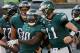 PHILADELPHIA, PA - SEPTEMBER 24: Corey Clement #30 of the Philadelphia Eagles is congratulated by teammate Carson Wentz #11 after Clement scored in the fourth quarter against the New York Giants on September 24, 2017 at Lincoln Financial Field in Phila