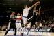 NEW YORK, NY - FEBRUARY 12: Kristaps Porzingis #6 of the New York Knicks blocks a shot by Kawhi Leonard #2 of the San Antonio Spurs in the fourth quarter at Madison Square Garden on February 12, 2017 in New York City. NOTE TO USER: User expressly acknowl