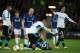 LIVERPOOL, ENGLAND - SEPTEMBER 28: Dominic Calvert-Lewin of Everton goes down after a challenge with Valentin Romberge of Apollon Limassol during the UEFA Europa League group E match between Everton FC and Apollon Limassol at Goodison Park on September 28