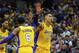 ANAHEIM, CA - SEPTEMBER 30: Kyle Kuzma #0 of the Los Angeles Lakers celebrates with his teamate Jordan Clarkson #6 during the game against the Minnesota Timberwolves on September 30, 2017 at the Honda Center in Anaheim, California. NOTE TO USER: User exp
