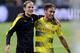 Tuchel and Pierre-Emerick Aubameyang celebrate after his final game with Dortmund, the DfB Pokal final win over Eintracht Frankfurt.