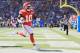 CARSON, CA - SEPTEMBER 24: Tyreek Hill #10 of the Kansas City Chiefs scores a touchdown during the game against the Los Angeles Chargers at the StubHub Center on September 24, 2017 in Carson, California. (Photo by Sean M. Haffey/Getty Images)