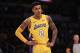 LOS ANGELES, CA - OCTOBER 02: Kyle Kuzma #0 of the Los Angeles Lakers looks on during the first half of a preseason game against the Denver Nuggets at Staples Center on October 2, 2017 in Los Angeles, California. NOTE TO USER: User expressly acknowledg