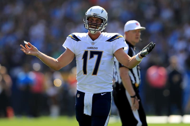 CARSON, CA - OCTOBER 01: Philip Rivers #17 of the Los Angeles Chargers gestures to officials during the first half of a game against the Philadelphia Eagles at StubHub Center on October 1, 2017 in Carson, California. (Photo by Sean M. Haffey/Getty Imag