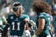 PHILADELPHIA, PA - SEPTEMBER 24: Carson Wentz #11 of the Philadelphia Eagles fist bumps with Isaac Seumalo #73 prior to the game against the New York Giants at Lincoln Financial Field on September 24, 2017 in Philadelphia, Pennsylvania. The Eagles defeate