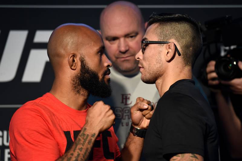LAS VEGAS, NV - OCTOBER 04: (L-R) UFC flyweight champion Demetrious Johnson and Ray Borg face off during the UFC 216 Ultimate Media Day on October 4, 2017 in Las Vegas, Nevada. (Photo by Brandon Magnus/Zuffa LLC/Zuffa LLC via Getty Images)