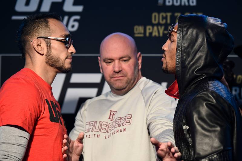 LAS VEGAS, NV - OCTOBER 04: (L-R) Tony Ferguson and Kevin Lee face off during the UFC 216 Ultimate Media Day on October 4, 2017 in Las Vegas, Nevada. (Photo by Brandon Magnus/Zuffa LLC/Zuffa LLC via Getty Images)