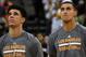 LAS VEGAS, NV - JULY 17: Lonzo Ball (L) #2 and Kyle Kuzma #0 of the Los Angeles Lakers stand on the court as the American national anthem is performed before the championship game of the 2017 Summer League against the Portland Trail Blazers at the Thomas