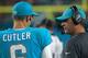 MIAMI GARDENS, FL - AUGUST 17: Jay Cutler #6 of the Miami Dolphins talks with head coach Adam Gase during a preseason game against the Baltimore Ravens at Hard Rock Stadium on August 17, 2017 in Miami Gardens, Florida. (Photo by Mike Ehrmann/Getty Image