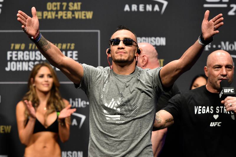 LAS VEGAS, NV - OCTOBER 06: Tony Ferguson waves to the fans during the UFC 216 weigh-in inside T-Mobile Arena on October 6, 2017 in Las Vegas, Nevada. (Photo by Jeff Bottari/Zuffa LLC/Zuffa LLC via Getty Images)
