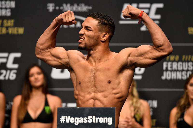 LAS VEGAS, NV - OCTOBER 06: Kevin Lee poses on the scale during the UFC 216 weigh-in inside T-Mobile Arena on October 6, 2017 in Las Vegas, Nevada. (Photo by Jeff Bottari/Zuffa LLC/Zuffa LLC via Getty Images)
