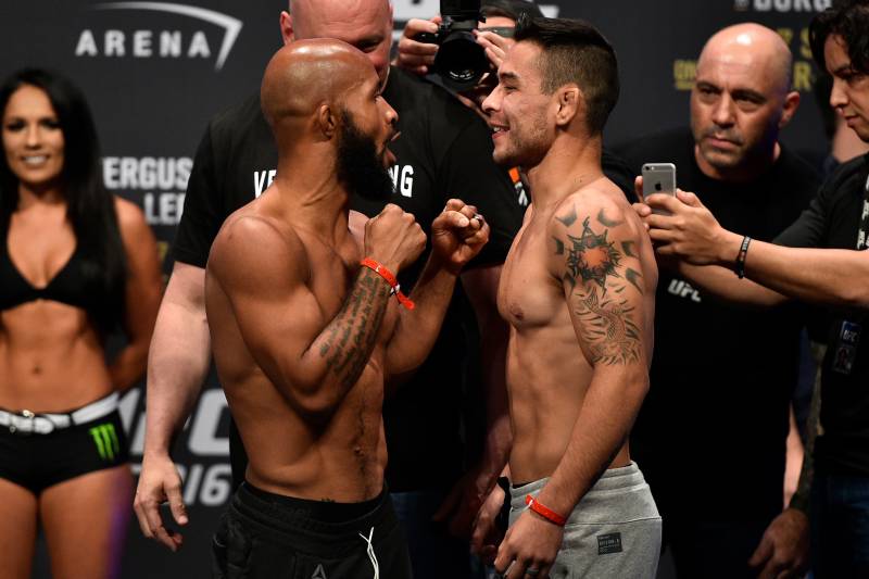 LAS VEGAS, NV - OCTOBER 06: (L-R) UFC flyweight champion Demetrious Johnson and Ray Borg face off during the UFC 216 weigh-in inside T-Mobile Arena on October 6, 2017 in Las Vegas, Nevada. (Photo by Jeff Bottari/Zuffa LLC/Zuffa LLC via Getty Images)