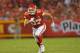 KANSAS CITY, MO - OCTOBER 02: Tight end Travis Kelce #87 of the Kansas City Chiefs runs up field against the Washington Redskins during the first half on October 2, 2017 at Arrowhead Stadium in Kansas City, Missouri. (Photo by Peter G. Aiken/Getty Image