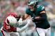 PHILADELPHIA, PA - OCTOBER 08: Zach Ertz #86 of the Philadelphia Eagles makes a catch for a first down against Justin Bethel #28 of the Arizona Cardinals during the third quarter at Lincoln Financial Field on October 8, 2017 in Philadelphia, Pennsylvania.