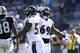 OAKLAND, CA - OCTOBER 08: Terrell Suggs #55 of the Baltimore Ravens celebrates after a sack with Willie Henry #69 during their NFL game against the Oakland Raiders at Oakland-Alameda County Coliseum on October 8, 2017 in Oakland, California. (Photo by E