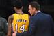 LOS ANGELES, CA - JANUARY 31: Head coach Luke Walton of the Los Angeles Lakers talks with Brandon Ingram #14 on the bench in the second half of the game against the Denver Nuggets at Staples Center on January 31, 2017 in Los Angeles, California. Lakers w