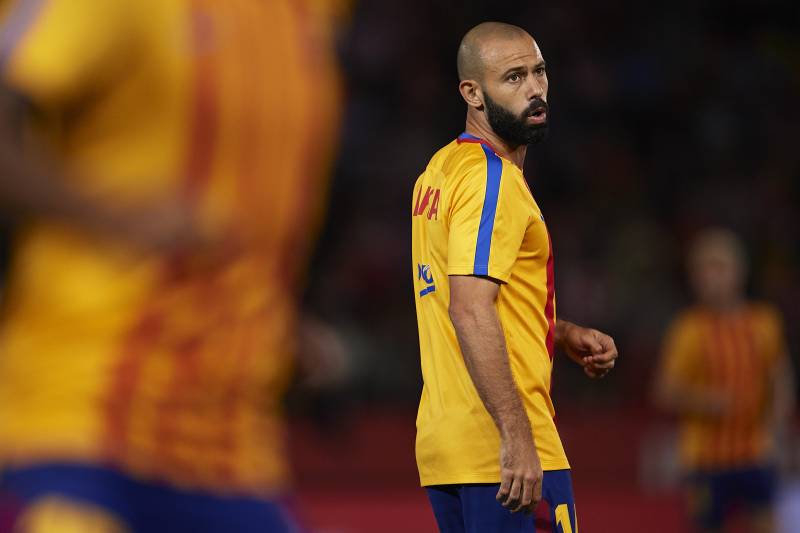 GIRONA, SPAIN - SEPTEMBER 23: Javier Mascherano of Barcelona warms up during the La Liga match between Girona and Barcelona at Municipal de Montilivi Stadium on September 23, 2017 in Girona, Spain. (Photo by Manuel Queimadelos Alonso/Getty Images)