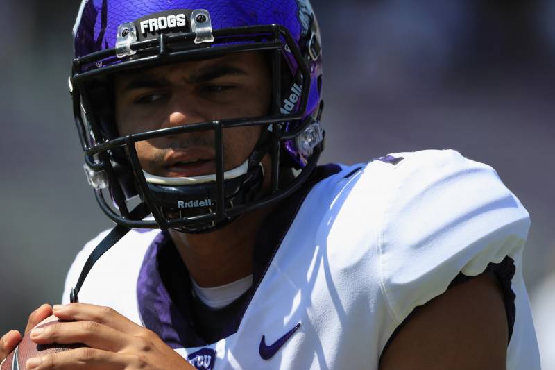 FORT WORTH, TX - SEPTEMBER 16: Kenny Hill #7 of the TCU Horned Frogs warms up before a game against the Southern Methodist Mustangs at Amon G. Carter Stadium on September 16, 2017 in Fort Worth, Texas. (Photo by Ronald Martinez/Getty Images)