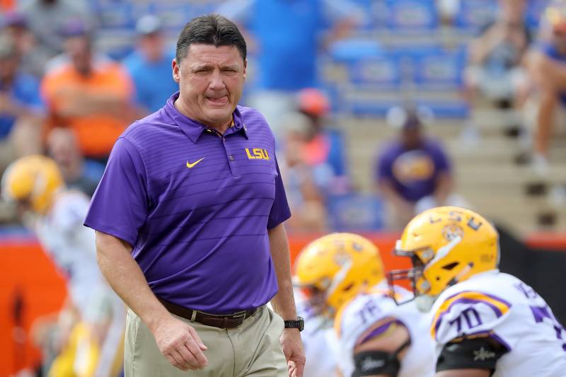 GAINESVILLE, FL - OCTOBER 07: Head coach Ed Orgeron of the LSU Tigers looks over his team prior to the game against the against the Florida Gators at Ben Hill Griffin Stadium on October 7, 2017 in Gainesville, Florida. (Photo by Sam Greenwood/Getty Imag