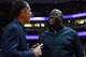 ANAHEIM, CA - SEPTEMBER 30: Rob Pelinka, general manager of the Los Angeles Lakers talks to Earvin Magic Johnson, president of basketball operations of the Lakers before the game against the Minnesota Timberwolves on September 30, 2017 at the Honda Cente