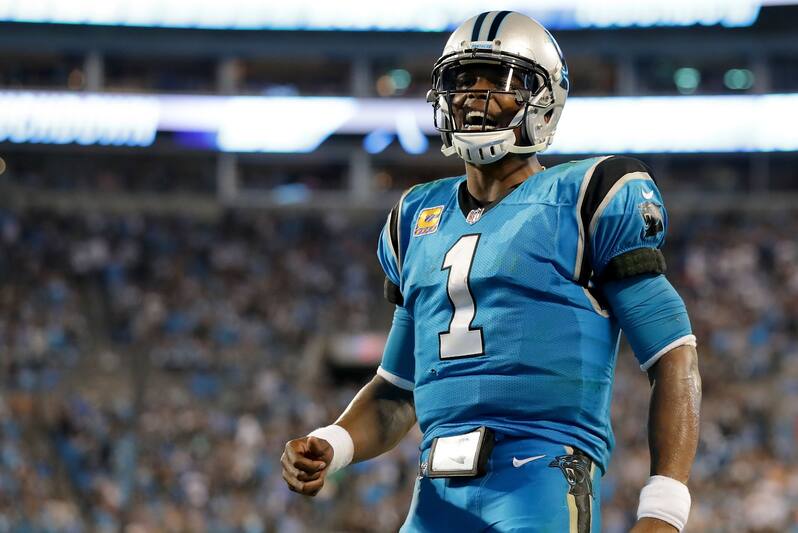 CHARLOTTE, NC - OCTOBER 12: Cam Newton #1 of the Carolina Panthers reacts after a fourth quarter touchdown against the Philadelphia Eagles during their game at Bank of America Stadium on October 12, 2017 in Charlotte, North Carolina. (Photo by Streeter