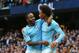 MANCHESTER, ENGLAND - SEPTEMBER 23: Raheem Sterling (L) of Manchester City celebrates scoring his sides second goal with his team mate Leroy Sane (R) during the Premier League match between Manchester City and Crystal Palace at Etihad Stadium on Septembe