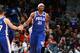 WASHINGTON, DC - OCTOBER 18: Joel Embiid #21 of the Philadelphia 76ers gives a celebratory handshake to JJ Redick #17 of the Philadelphia 76ers during the 2017-18 regular season game against the Washington Wizards on October 18, 2017 at Capital One Aren