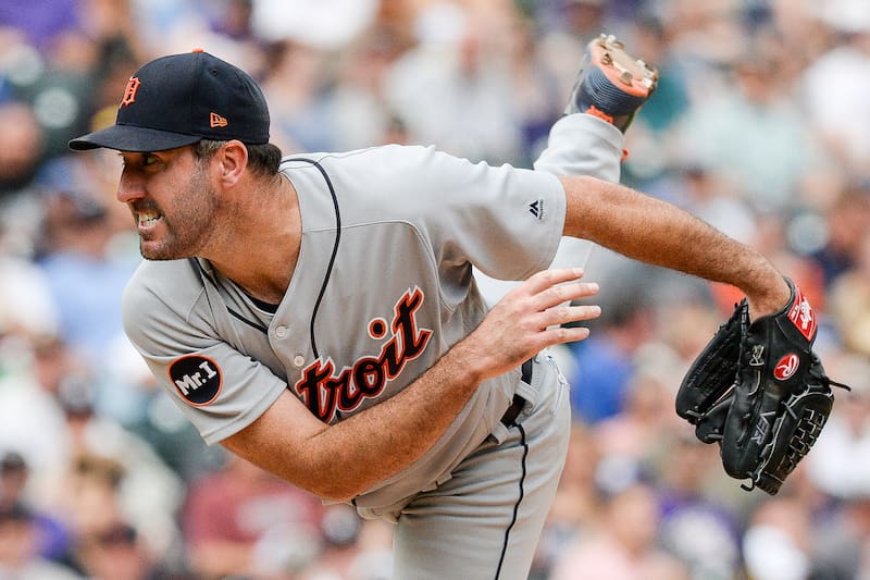DENVER, CO - AUGUST 30: Justin Verlander #35 of the Detroit Tigers pitches against the Colorado Rockies in the fifth inning of a game at Coors Field on August 30, 2017 in Denver, Colorado. (Photo by Dustin Bradford/Getty Images)