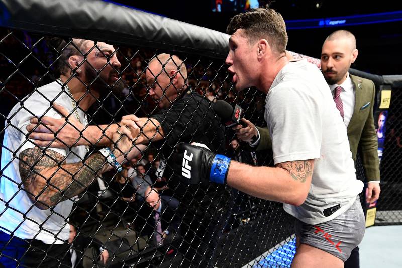 GDANSK, POLAND - OCTOBER 21: (R-L) Darren Till of England has words with Mike Perry after his victory over Donald Cerrone during the UFC Fight Night event inside Ergo Arena on October 21, 2017 in Gdansk, Poland. (Photo by Jeff Bottari/Zuffa LLC/Zuffa LLC