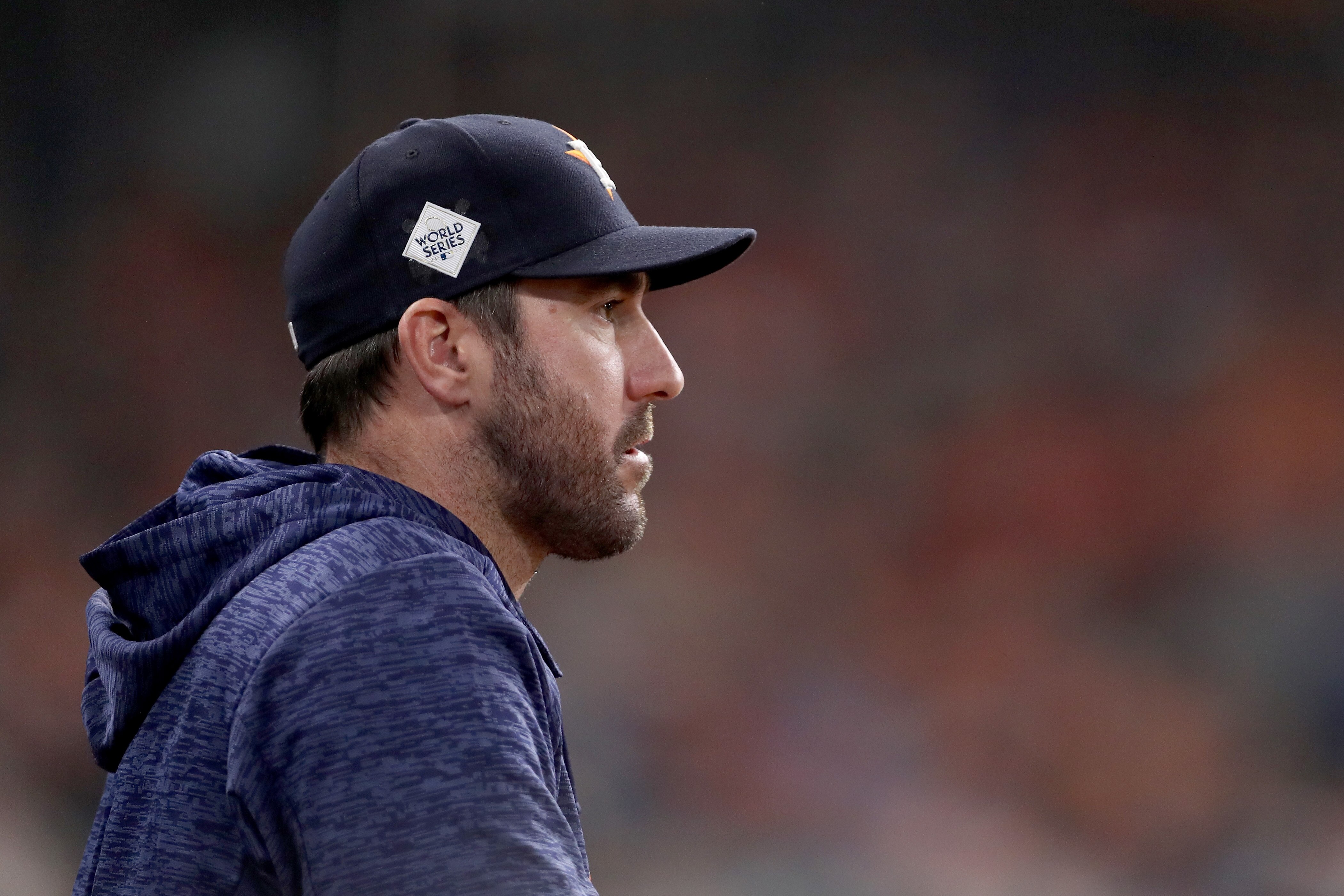 HOUSTON, TX - OCTOBER 29: Justin Verlander #35 of the Houston Astros looks on in game five of the 2017 World Series against the Los Angeles Dodgers at Minute Maid Park on October 29, 2017 in Houston, Texas. (Photo by Christian Petersen/Getty Images)