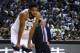 SHANGHAI, CHINA - OCTOBER 08: Head coach Tom Thibodeau of the Minnesota Timberwolves looks on as Karl-Anthony Towns #32 of the Minnesota Timberwolves on court during the game between the Minnesota Timberwolves and the Golden State Warriors as part of 2017