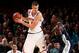 NEW YORK, NY - OCTOBER 30: Kristaps Porzingis #6 of the New York Knicks handles the ball against the Denver Nuggets on October 30, 2017 at Madison Square Garden in New York City, New York. NOTE TO USER: User expressly acknowledges and agrees that, by do