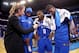 OKLAHOMA CITY, OK- OCTOBER 19: Russell Westbrook #0, Carmelo Anthony #7 and Paul George #13 of the Oklahoma City Thunder talk to the media after the game against the New York Knicks on October 19, 2017 at Chesapeake Energy Arena in Oklahoma City, Oklahom