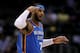 MILWAUKEE, WI - OCTOBER 31: Carmelo Anthony #7 of the Oklahoma City Thunder celebrates in the fourth quarter against the Milwaukee Bucks at Bradley Center on October 31, 2017 in Milwaukee, Wisconsin. NOTE TO USER: User expressly acknowledges and agrees t