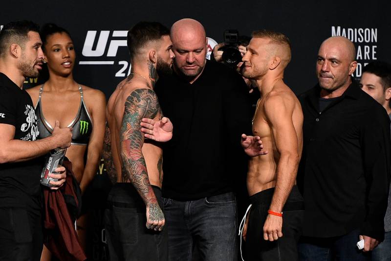 NEW YORK, NY - NOVEMBER 03: (L-R) Cody Garbrandt and TJ Dillashaw face off during the UFC 217 weigh-in inside Madison Square Garden on November 3, 2017 in New York City. (Photo by Jeff Bottari/Zuffa LLC/Zuffa LLC via Getty Images)
