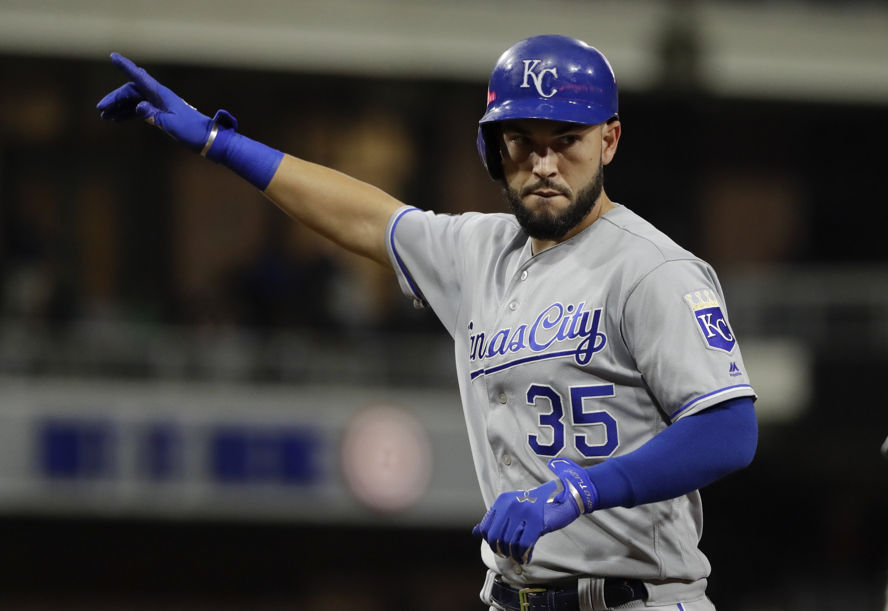 Eric Hosmer #35 of the Kansas City Royals takes off his helmet at