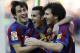 Barcelona's forward Pedro Rodriguez (C) celebrates with teammatesArgentinian forward Lionel Messi (R) and forward Bojan Krkic (L) after scoring during the Spanish League football match between Baqrcelona and Valladolid at Camp Nou stadium in Barcelona on
