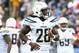 FOXBORO, MA - OCTOBER 29: Melvin Gordon #28 of the Los Angeles Chargers reacts after scoring a touchdown during the first quarter of a game against the New England Patriots at Gillette Stadium on October 29, 2017 in Foxboro, Mbadachusetts. (Photo by Mad