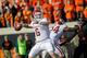 STILLWATER, OK - NOVEMBER 04: Quarterback Baker Mayfield #6 of the Oklahoma Sooners looks to throw against the Oklahoma State Cowboys at Boone Pickens Stadium on November 4, 2017 in Stillwater, Oklahoma. Oklahoma defeated Oklahoma State 62-52. (Photo by
