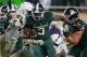 EAST LANSING, MI - NOVEMBER 04: LJ Scott #3 of the Michigan State Spartans battles for yards past Manny Bowen #43 of the Penn State Nittany Lions during the second half at Spartan Stadium on November 4, 2017 in East Lansing, Michigan. Michigan State won t