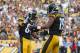 PITTSBURGH, PA - OCTOBER 22: JuJu Smith-Schuster #19 of the Pittsburgh Steelers celebrates with Antonio Brown #84 after a 31 yard touchdown reception in the second quarter during the game against the Cincinnati Bengals at Heinz Field on October 22, 2017 i